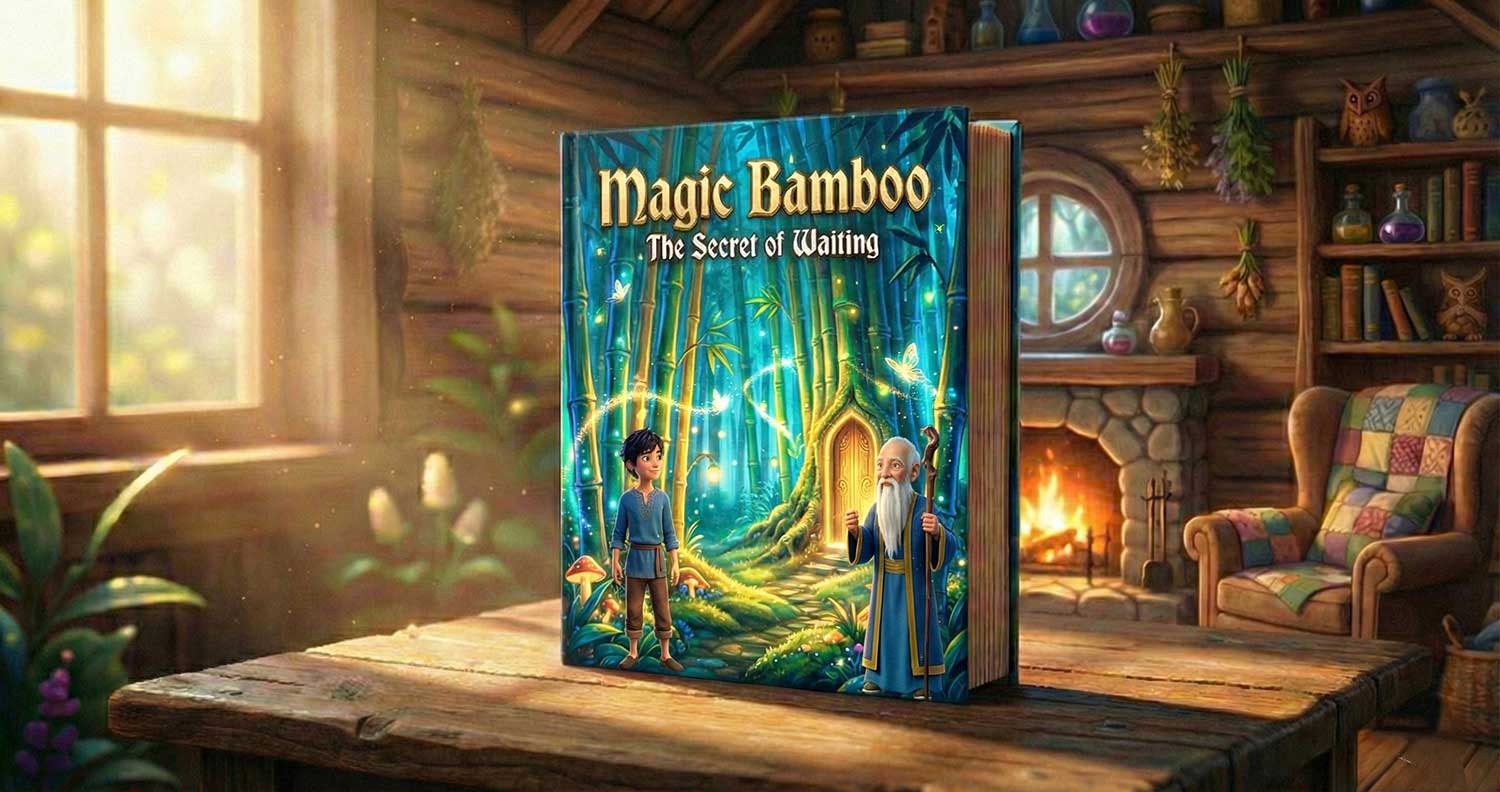 3D AI generated glowing storybook titled Magic Bamboo in a rustic cabin by Inspirious Design