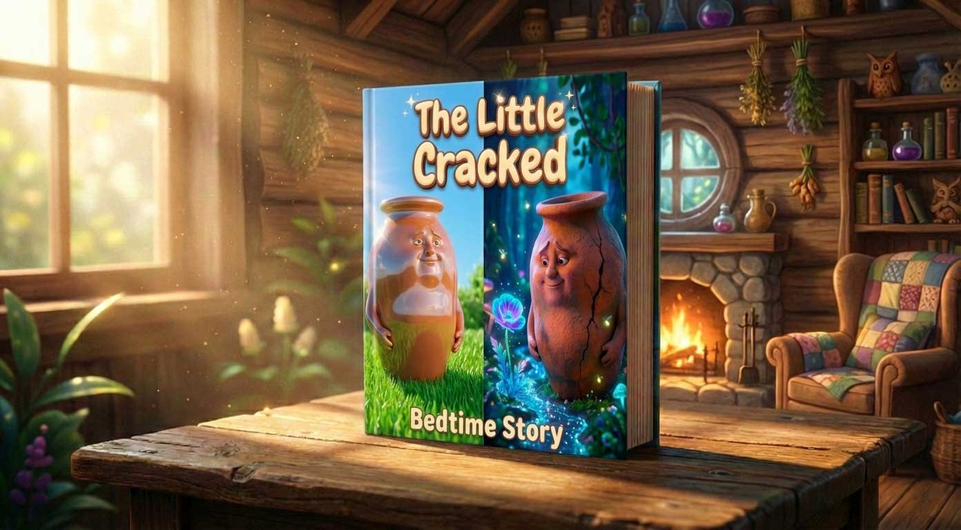 3D AI generated glowing storybook titled The Little Cracked on a rustic table by Inspirious Design