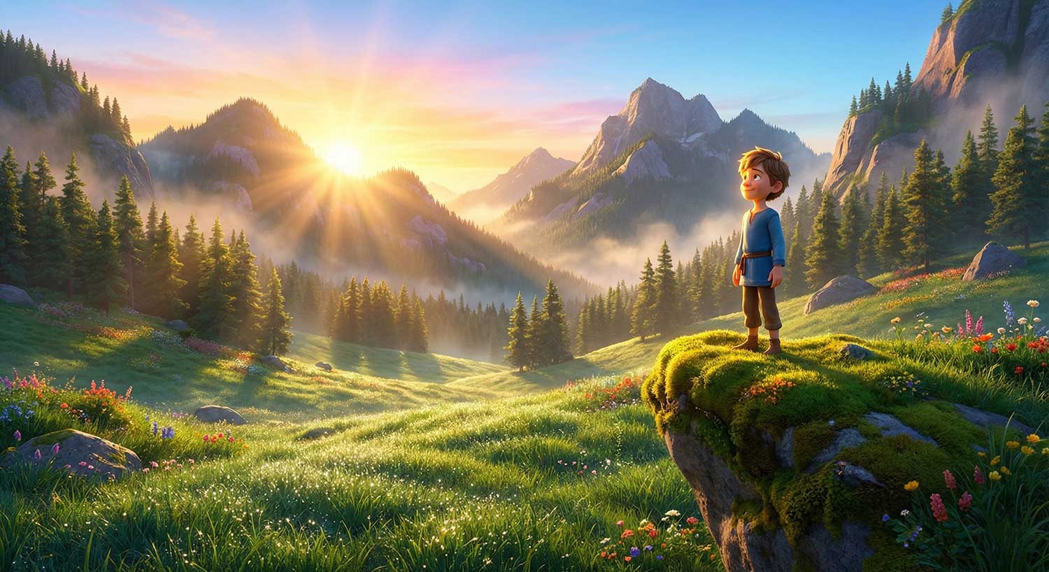AI generated boy looking at a glowing sunrise over a misty mountain valley by Inspirious Design
