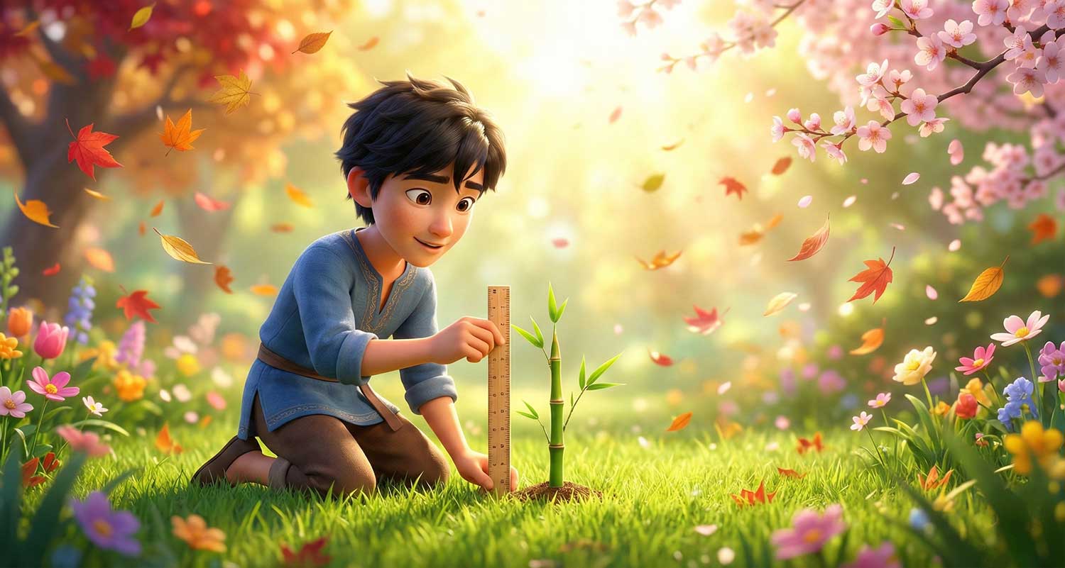 3D AI character Jack measuring a bamboo sprout with a ruler in a magical spring meadow by Inspirious Design