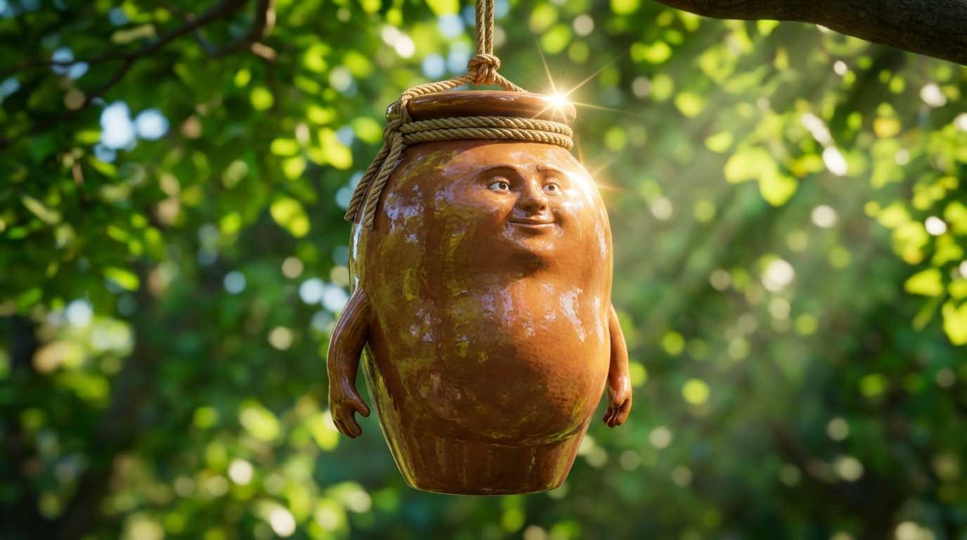 3D AI character design of a perfect shiny clay pot sparkling in a forest by Inspirious Design