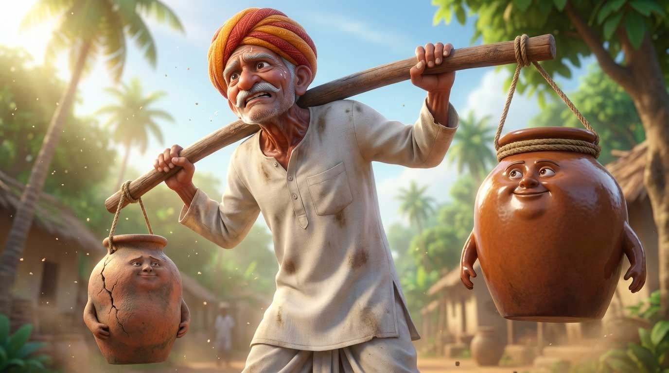 3D AI animated water bearer straining to carry a leaking cracked pot by Inspirious Design