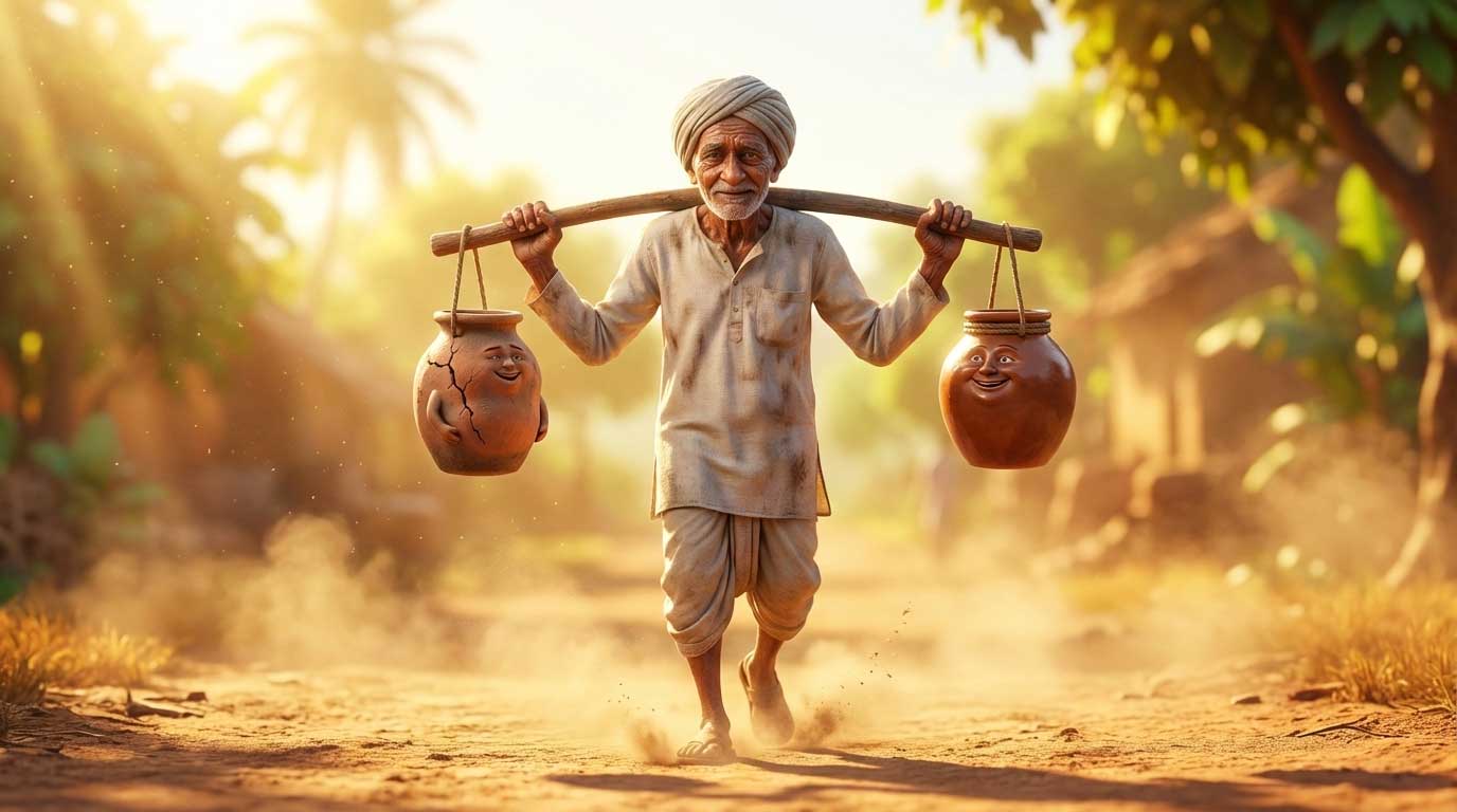 AI generated kind old water bearer carrying two clay pots on a sunlit dirt path by Inspirious Design