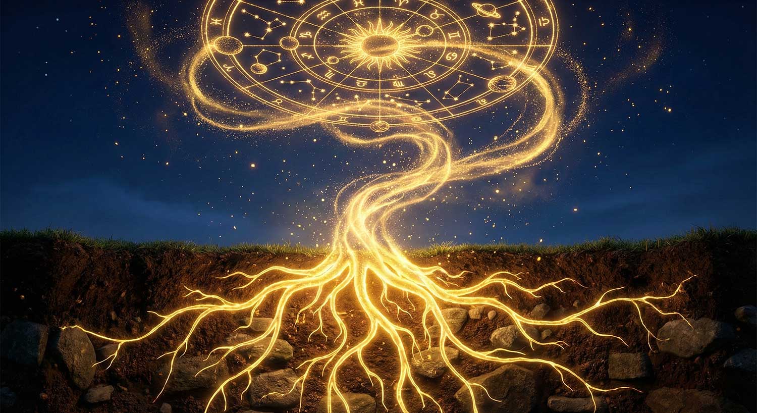 AI generated glowing golden roots forming a celestial zodiac wheel in the night sky by Inspirious Design