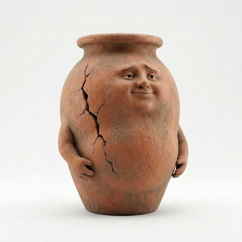 3D AI animated sad clay pot with a deep crack weeping water by Inspirious Design