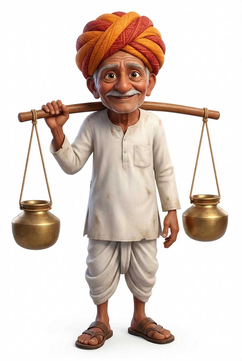 3D AI animated kind old water bearer with a colorful turban by Inspirious Design