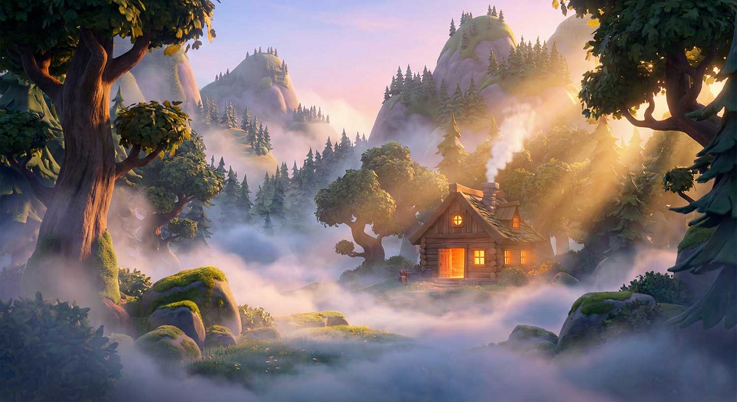 AI generated rustic wooden cabin in a misty pine forest with sun rays by Inspirious Design