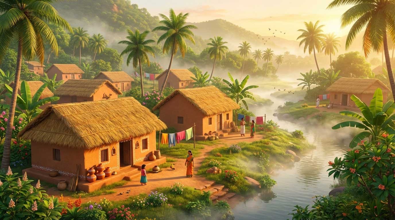 AI generated sunlit tropical village with thatched houses and a winding river by Inspirious Design