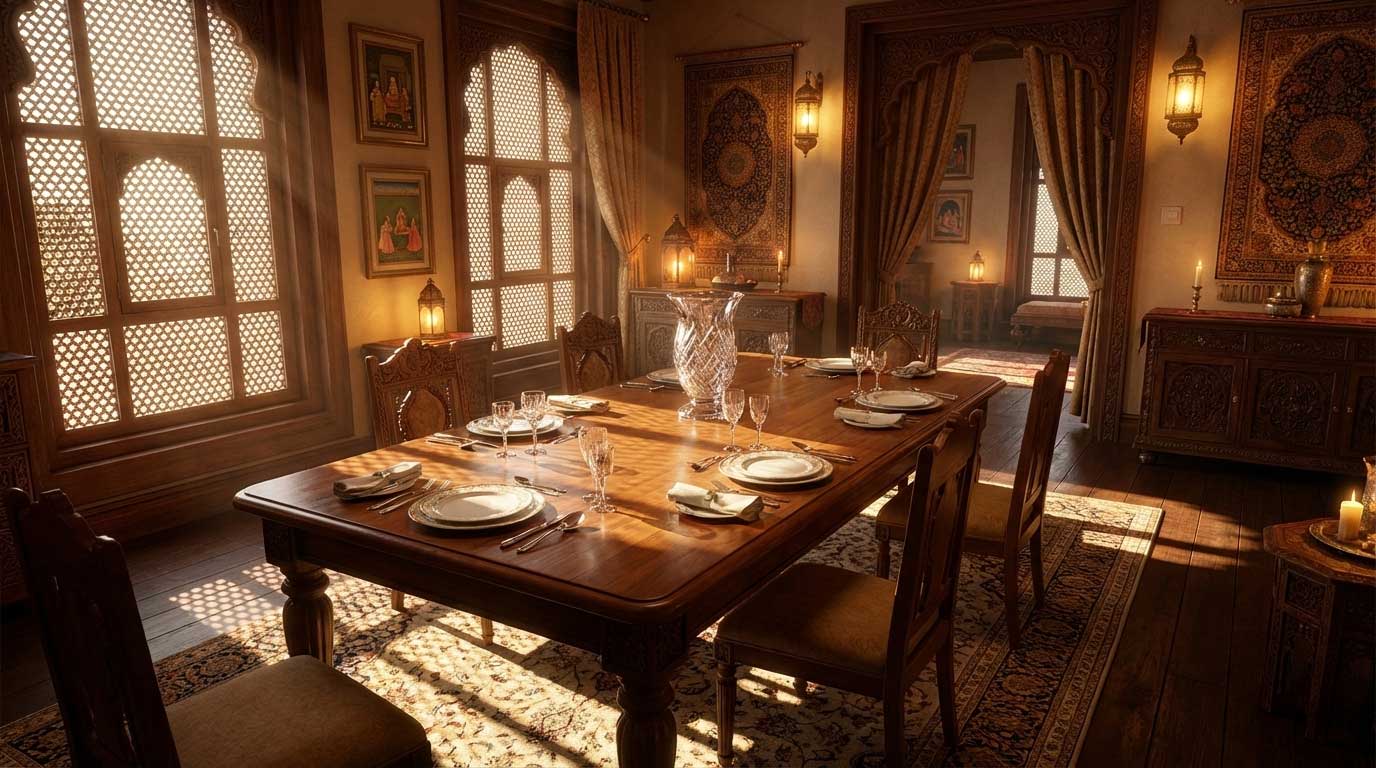 AI generated elegant dining room with a grand table and lattice windows by Inspirious Design
