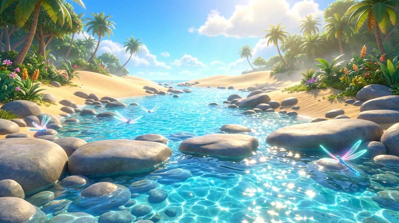 AI generated pristine riverbank with smooth stones and glowing dragonflies by Inspirious Design