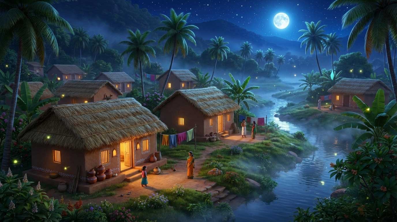 AI generated peaceful village at night illuminated by a full moon and glowing lights by Inspirious Design