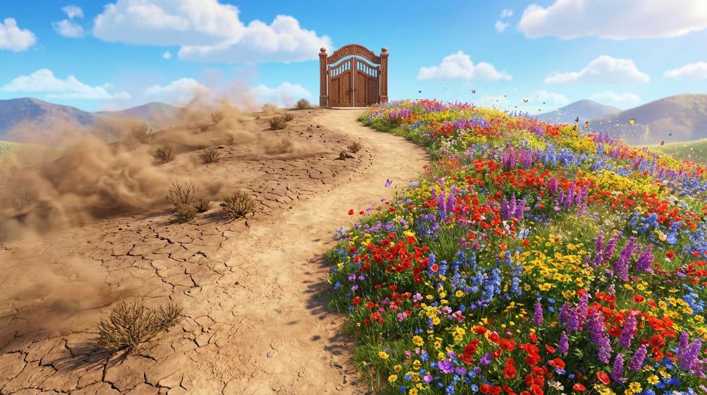 AI generated dirt path divided by dry cracked earth and blooming wildflowers by Inspirious Design