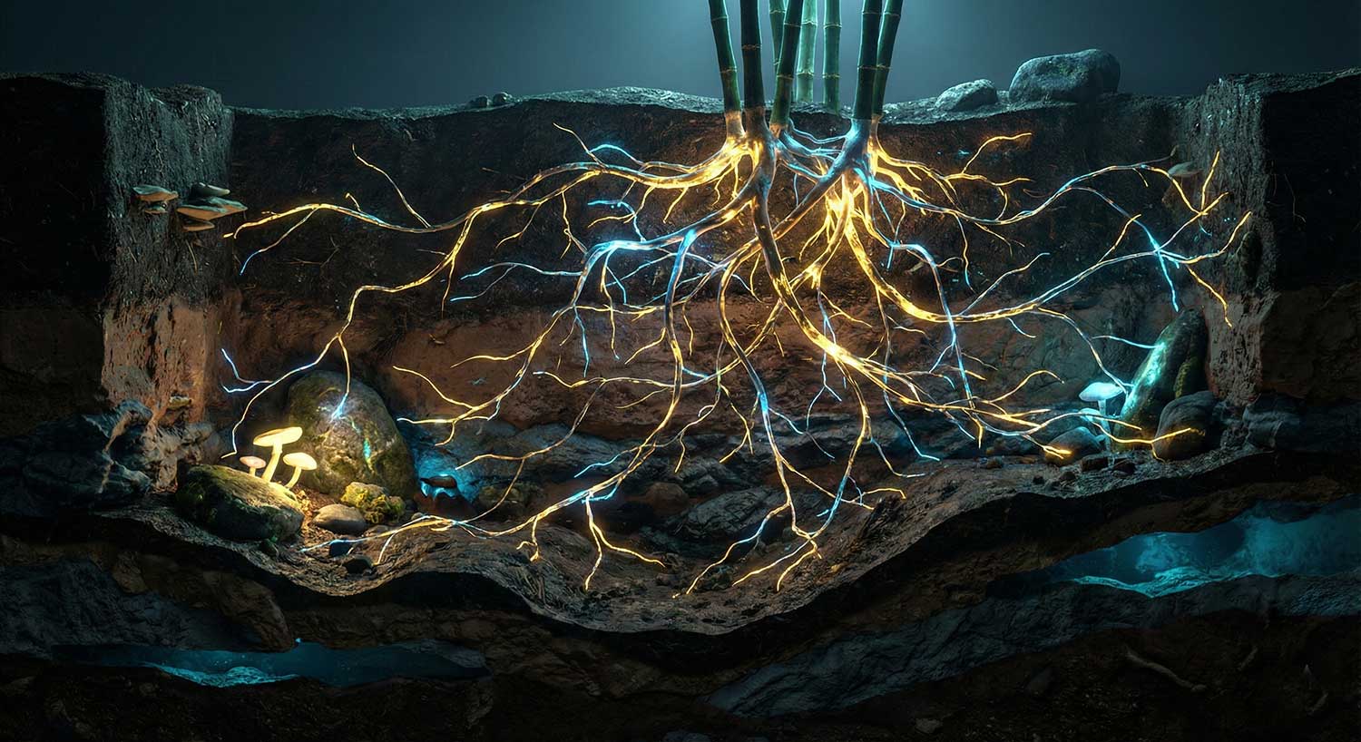 AI generated cross-section of glowing blue and gold bamboo roots underground by Inspirious Design