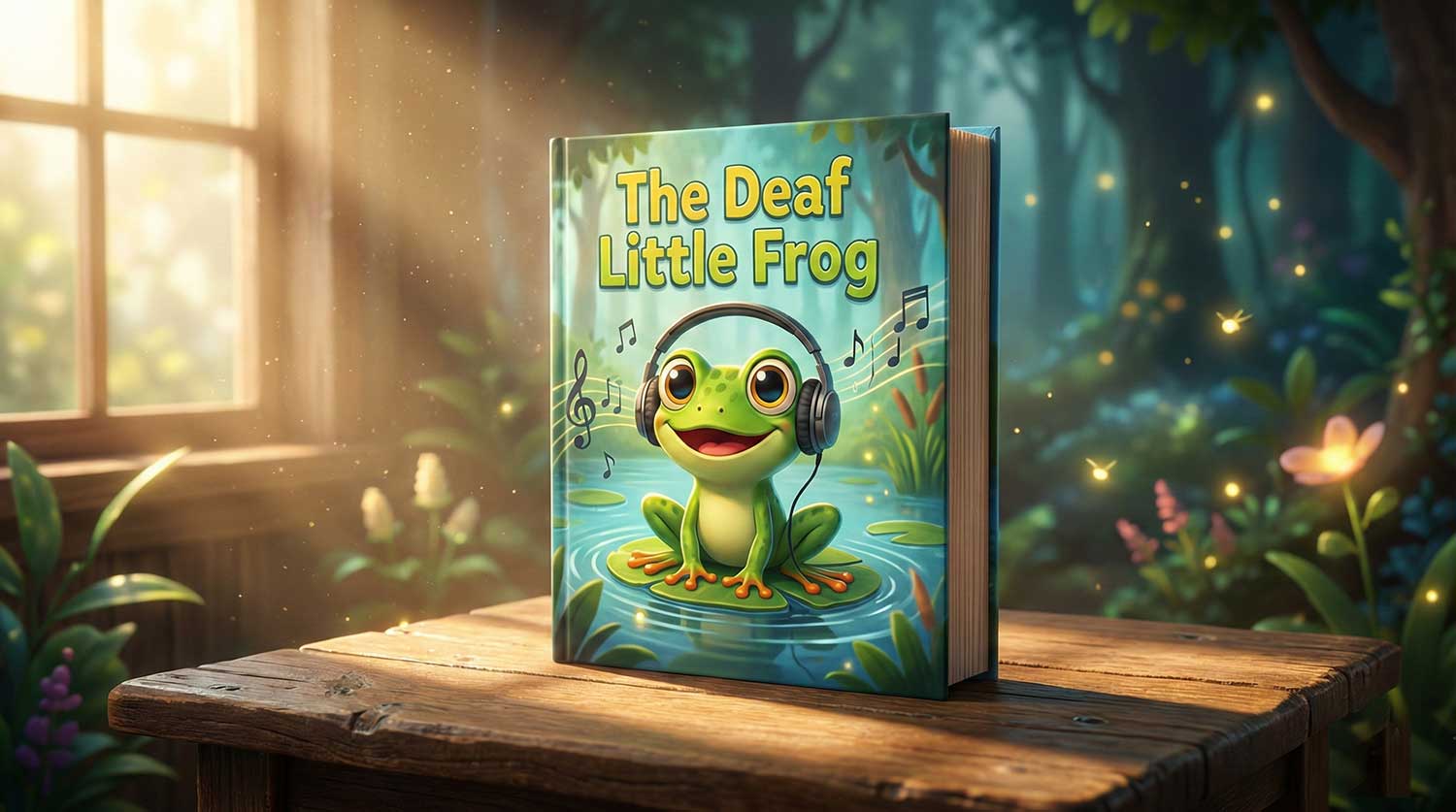 3D AI generated glowing storybook titled The Deaf Little Frog on a wooden table by Inspirious Design