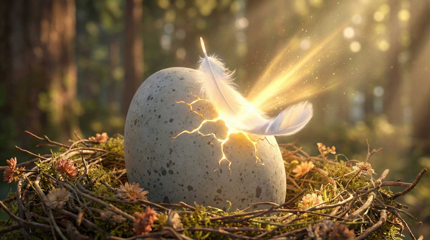 AI generated glowing speckled egg hatching a magical white feather in a sunlit nest by Inspirious Design