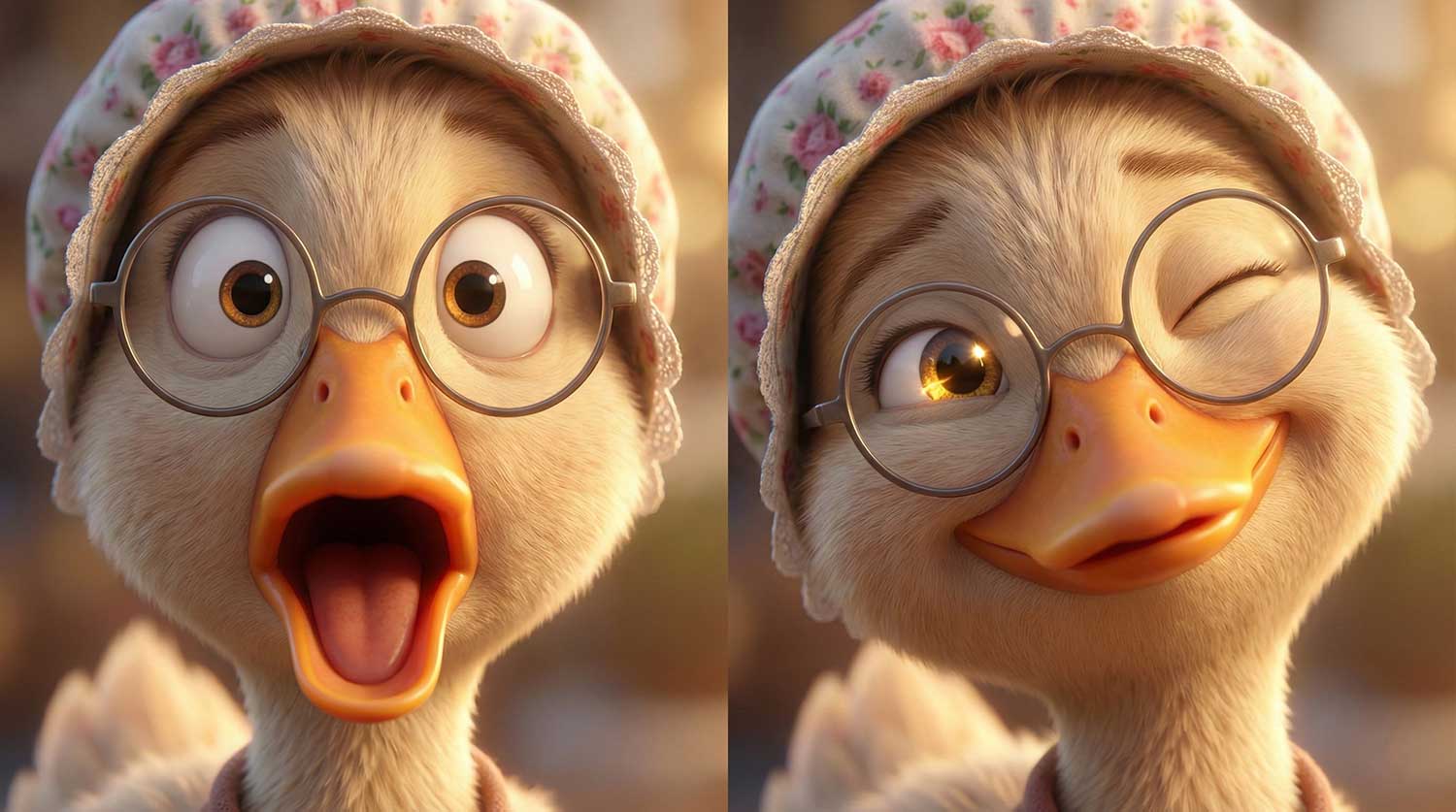 3D AI animated mother duck wearing a floral bonnet and glasses winking by Inspirious Design