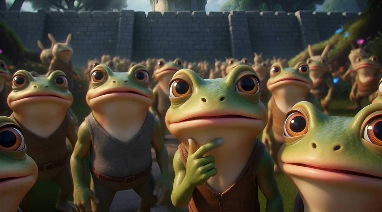 3D AI character design of a frog in a crowd rubbing its chin in thought by Inspirious Design