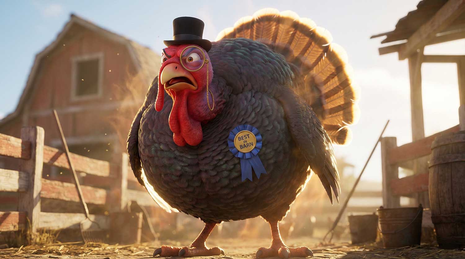 3D AI character design of an imposing turkey wearing a top hat and monocle by Inspirious Design