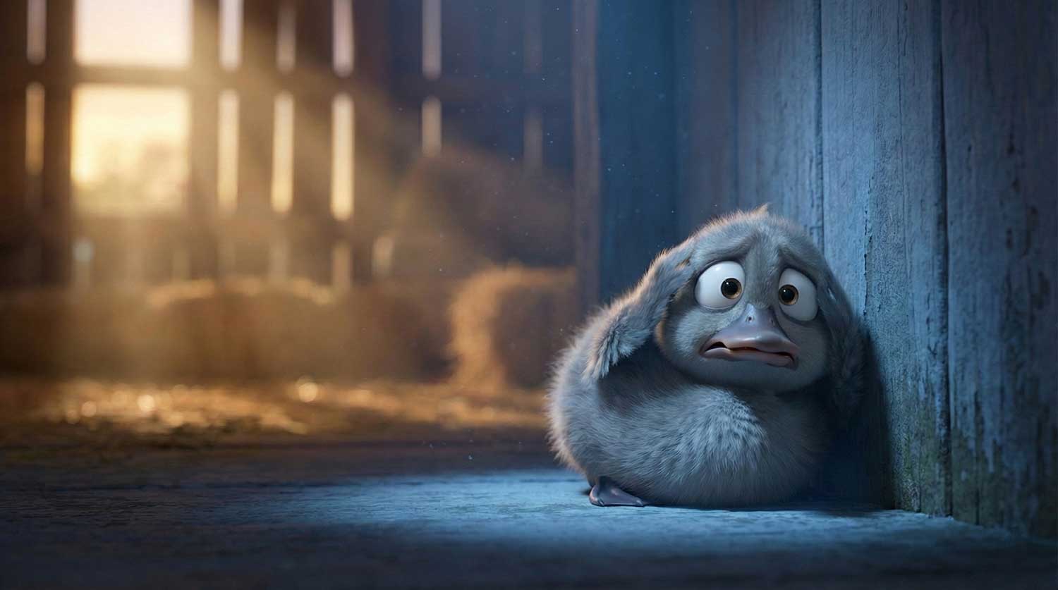 3D AI animated sad lonely gray duckling hiding in a dark barn by Inspirious Design