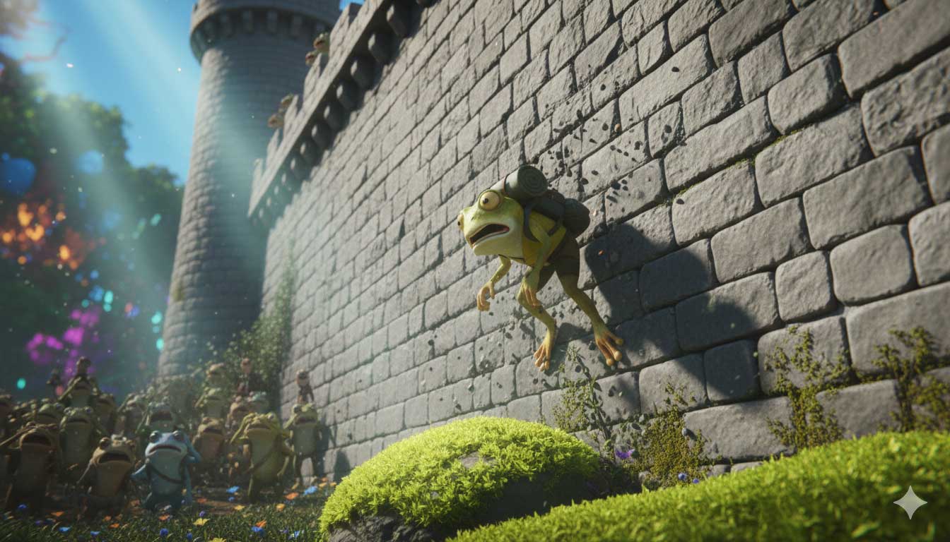 3D AI animated frog wearing a backpack climbing a huge stone wall by Inspirious Design