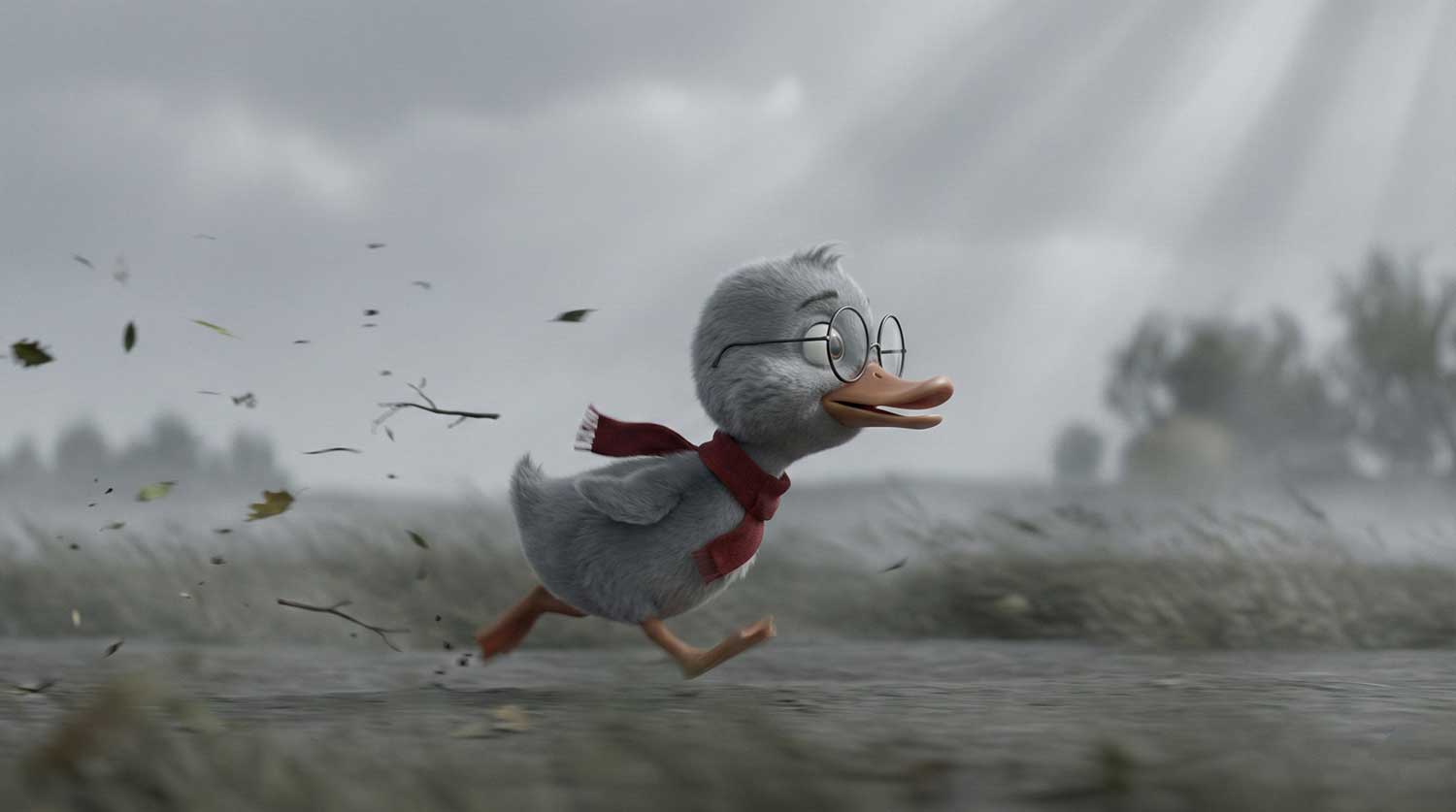 3D AI animated gray duckling with glasses and red scarf running against a stormy wind by Inspirious Design