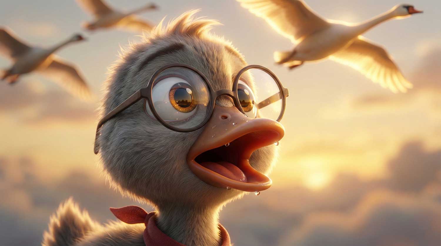 3D AI animated duckling with glasses looking up at flying swans in a golden sunset by Inspirious Design