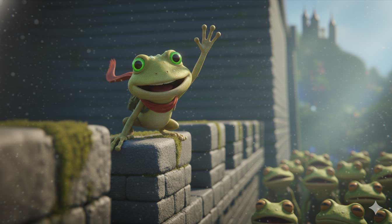 3D AI character design of a happy green frog wearing a red scarf by Inspirious Design