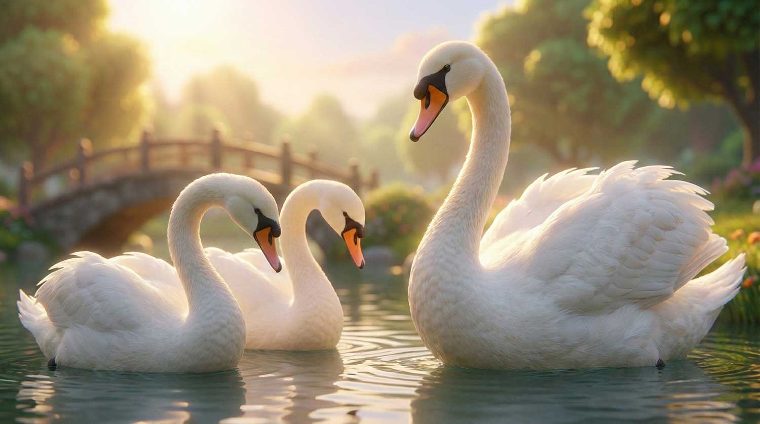 AI generated beautiful white swans floating gracefully on a sunlit pond by Inspirious Design