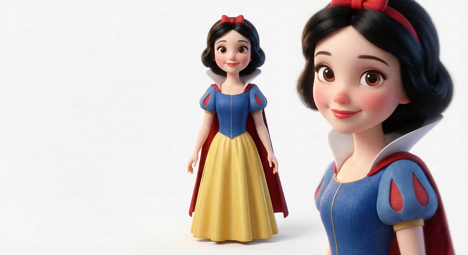3D AI character design of Princess Snow White in classic blue and yellow dress by Inspirious Design