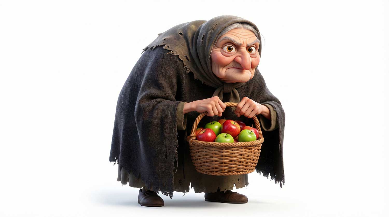 3D AI animated wicked old woman carrying a basket of apples by Inspirious Design