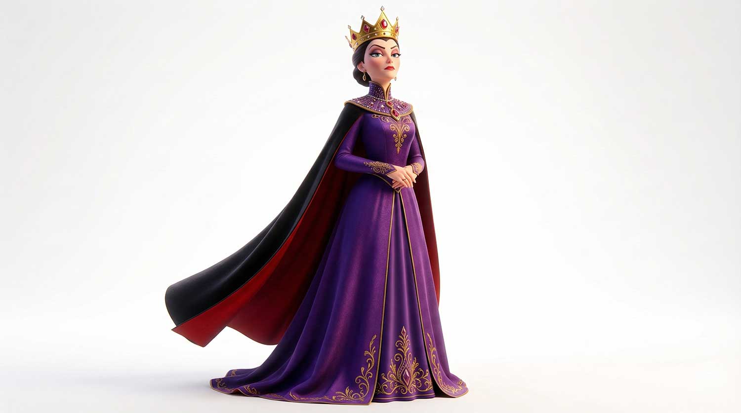 3D AI character design of the elegant wicked queen in purple and black by Inspirious Design