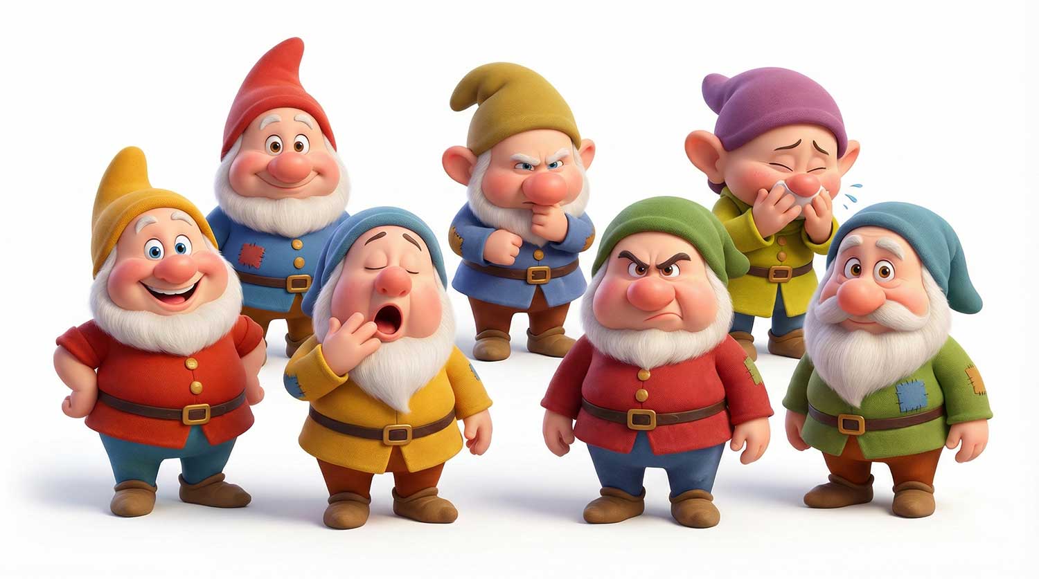 3D AI animated group of seven colorful dwarfs by Inspirious Design