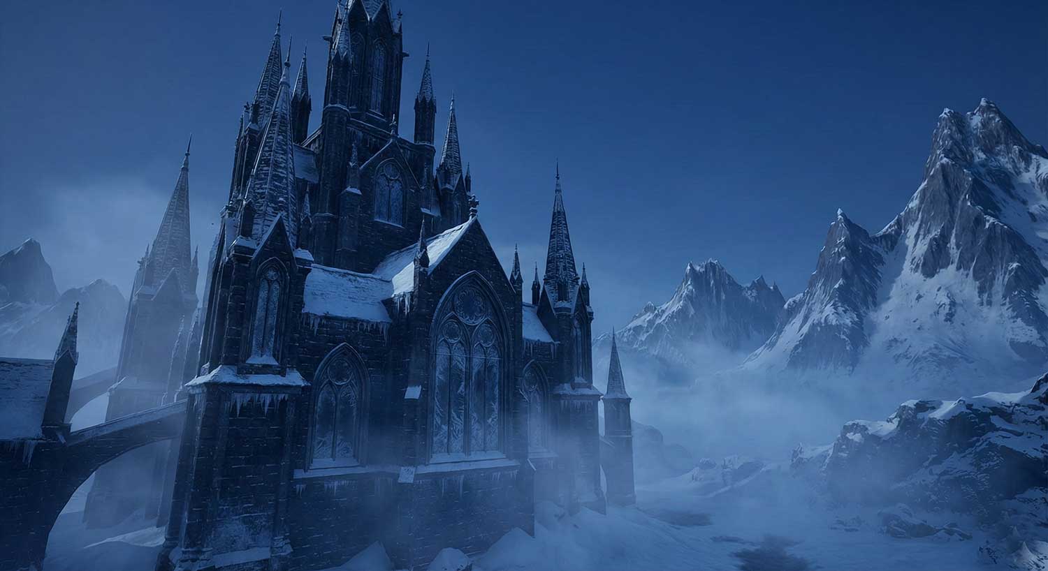 3D AI animated imposing dark castle in a snowy mountain landscape by Inspirious Design