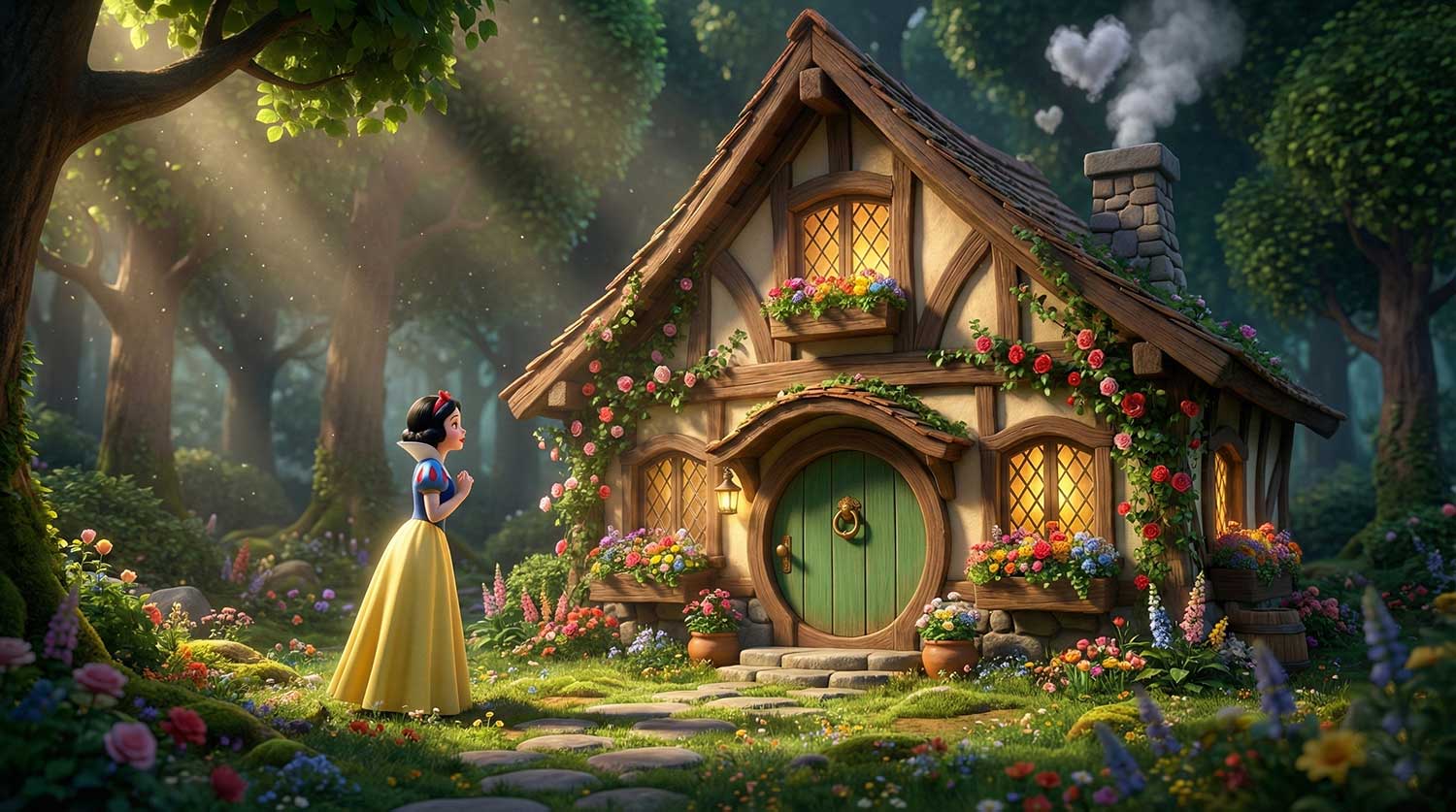 3D AI animated Snow White standing outside a cozy flower-covered cottage in a sunlit forest by Inspirious Design