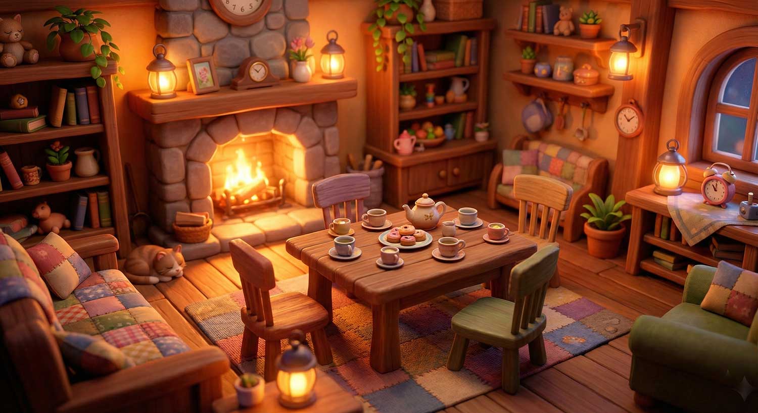 AI generated cozy rustic cottage interior with a set dining table and glowing stone fireplace by Inspirious Design
