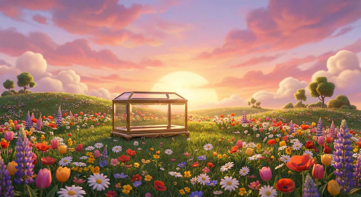 AI generated ornate glass coffin resting on a vibrant flower-covered hill at sunset by Inspirious Design