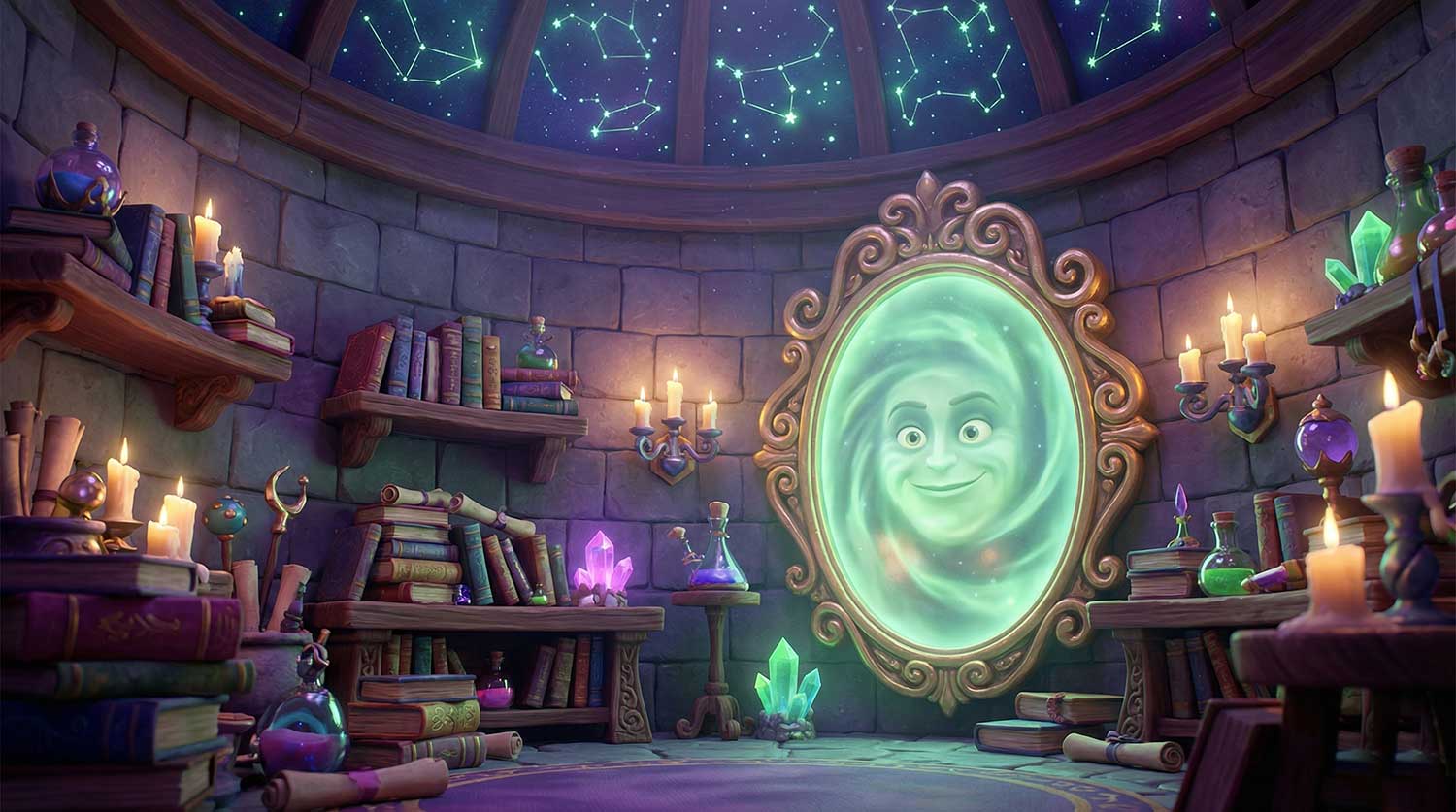 AI generated magical stone room with glowing green mirror and floating stars by Inspirious Design