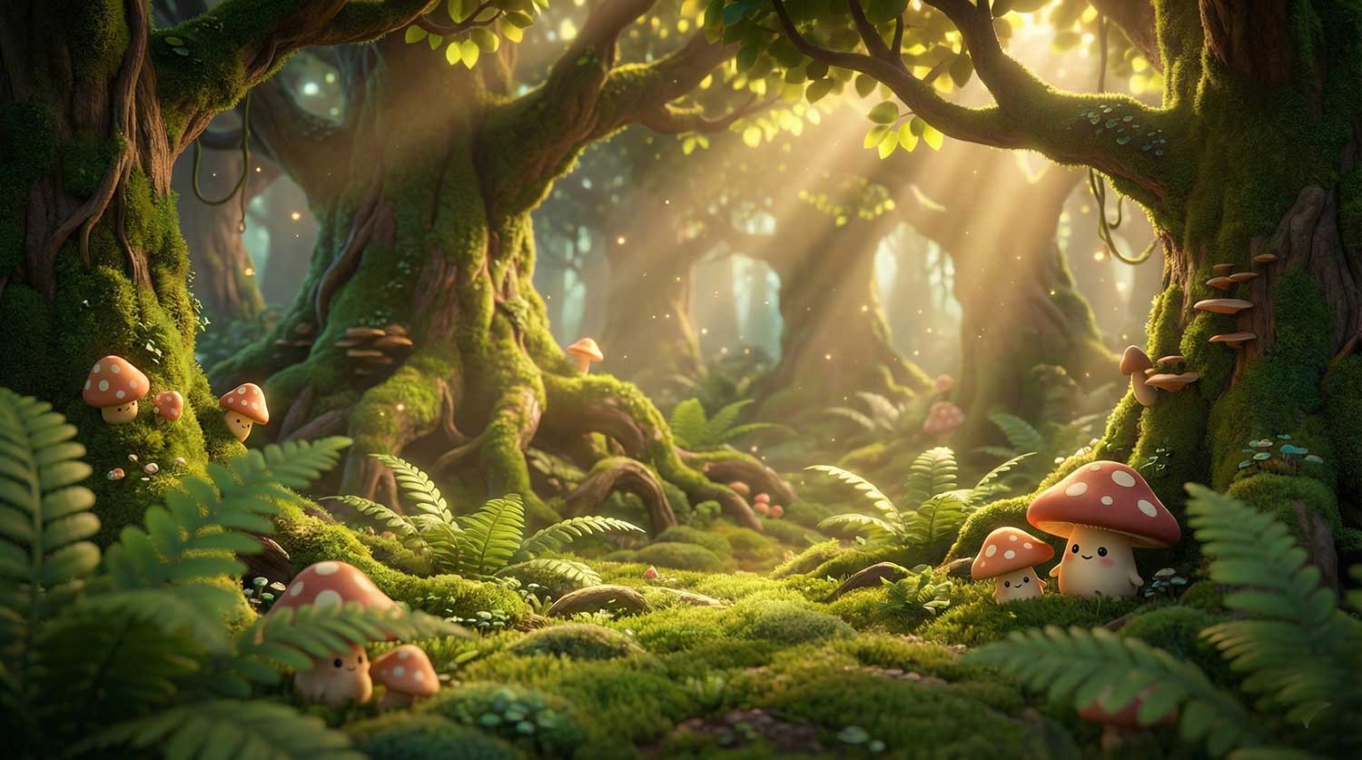3D AI animated lush green forest with massive ancient trees and god rays by Inspirious Design
