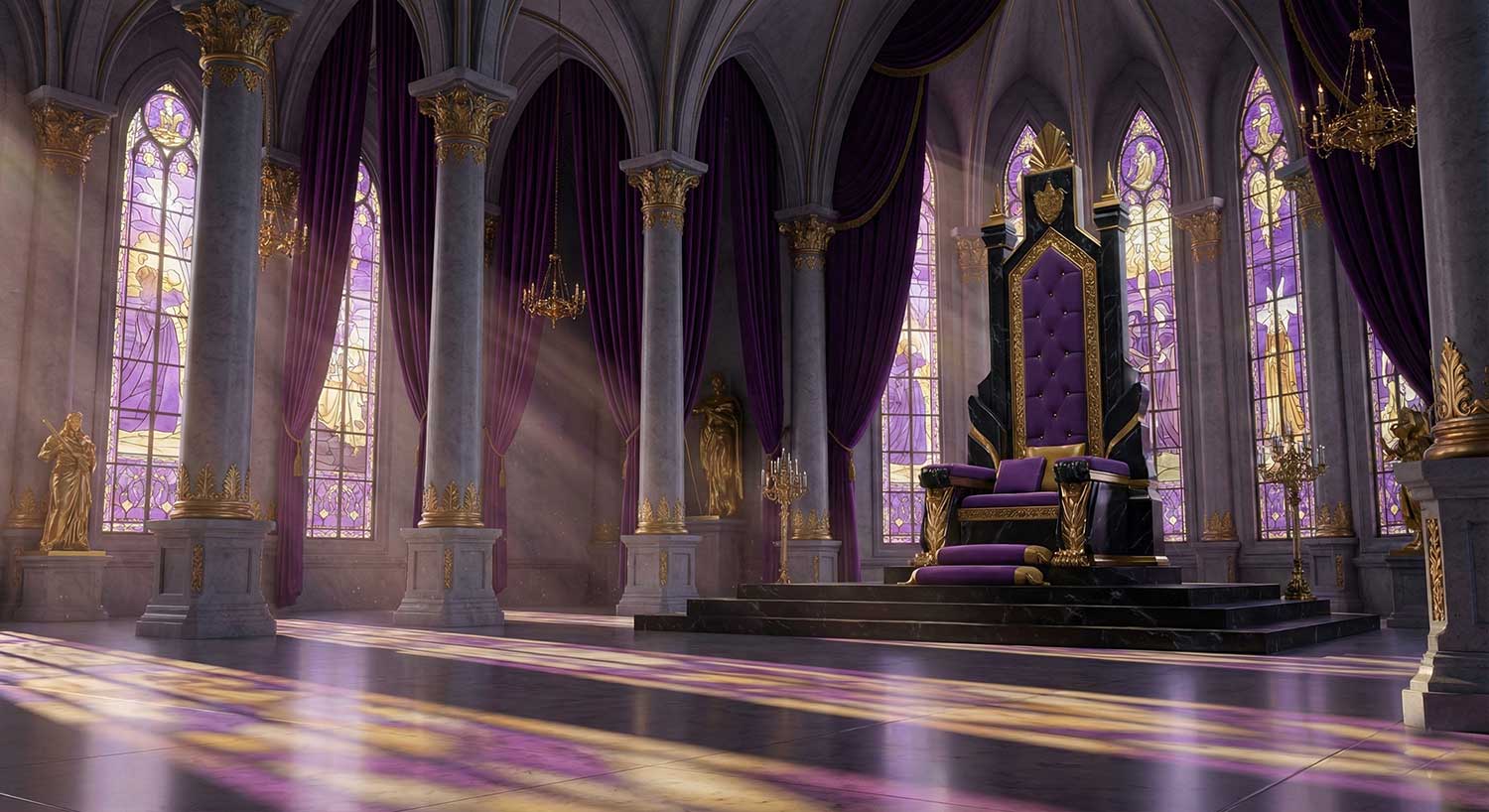 AI generated grand Gothic throne room with purple stained glass and god rays by Inspirious Design