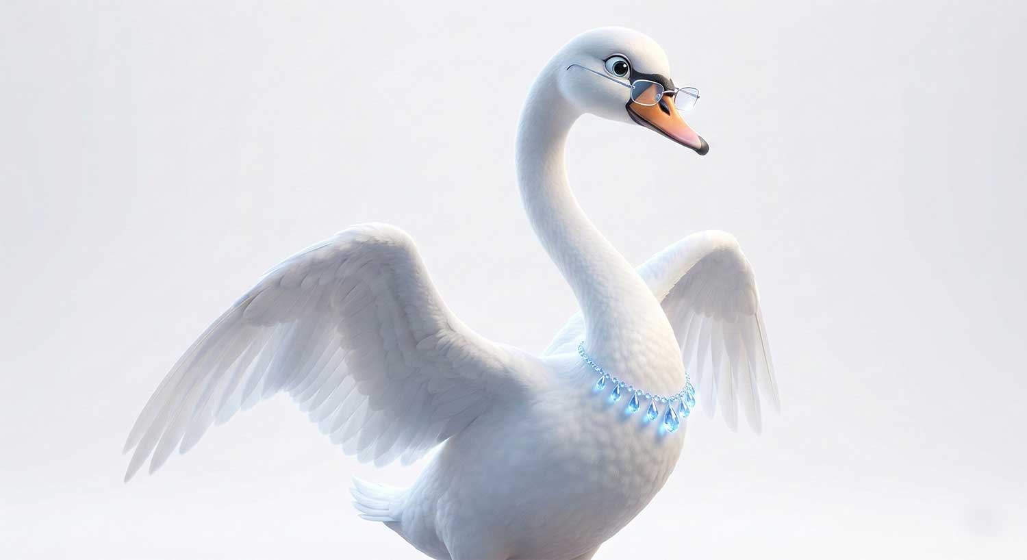 3D AI character design of a majestic white swan wearing glasses and a blue crystal necklace by Inspirious Design