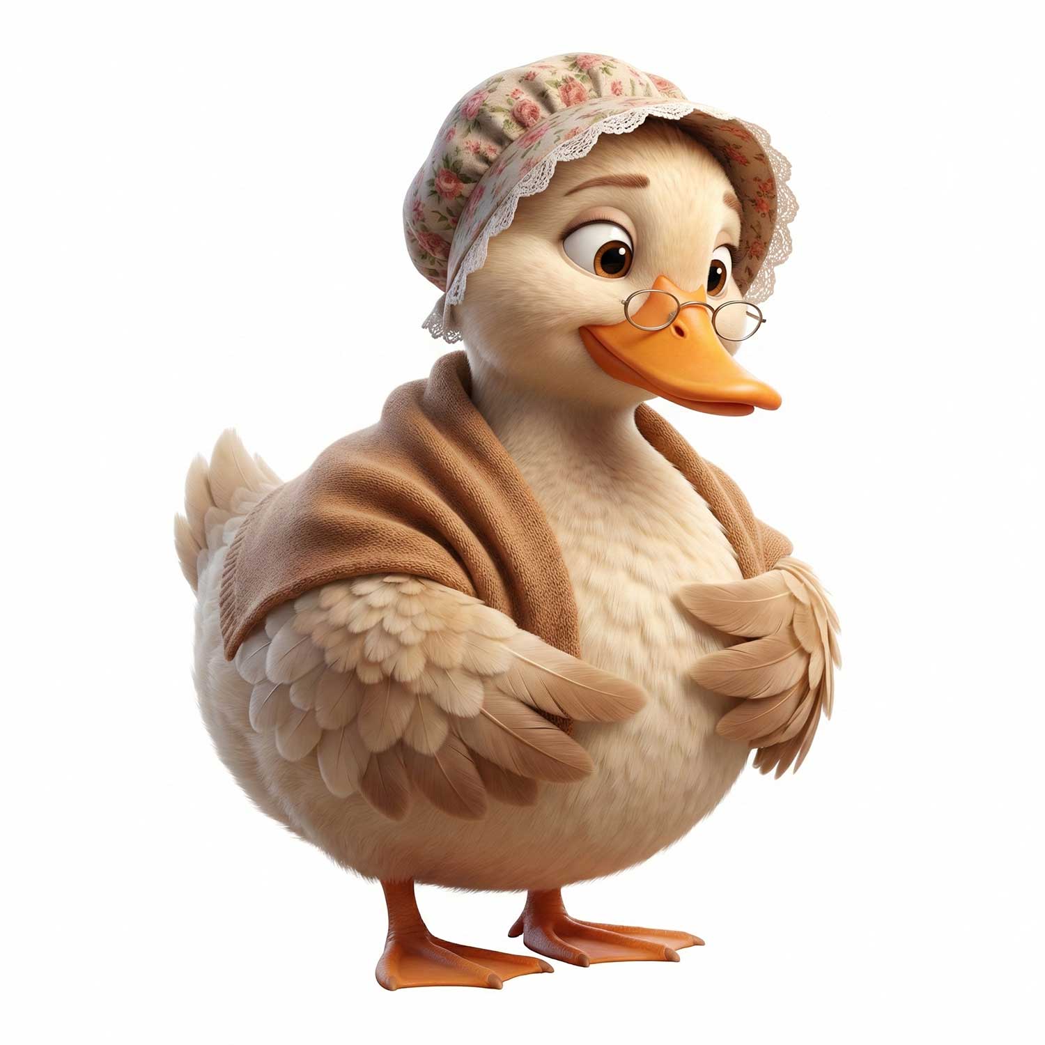3D AI animated mother duck wearing a floral bonnet, shawl, and glasses by Inspirious Design