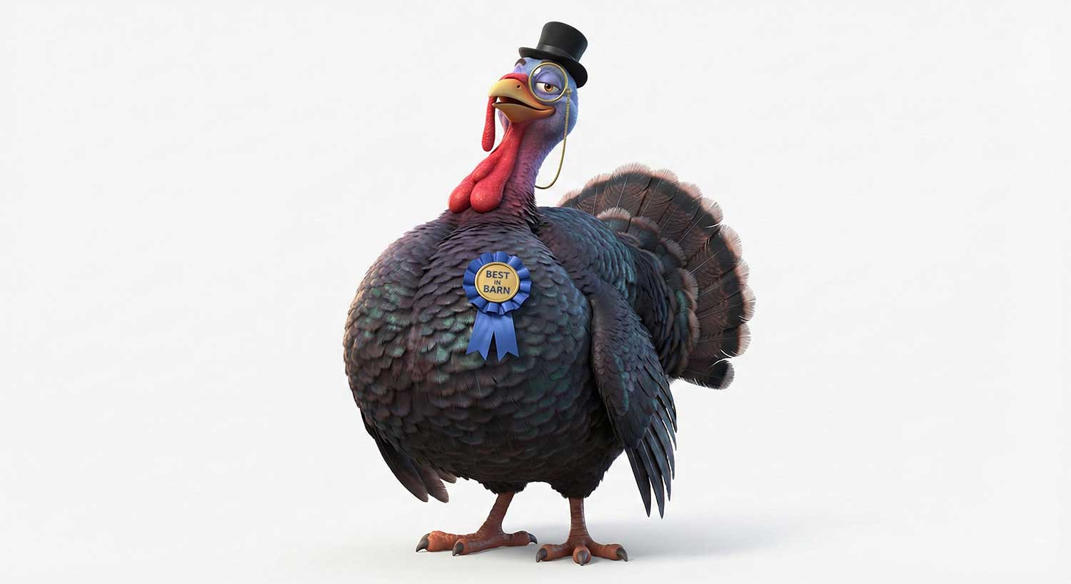 3D AI character design of an imposing turkey wearing a black top hat and monocle by Inspirious Design