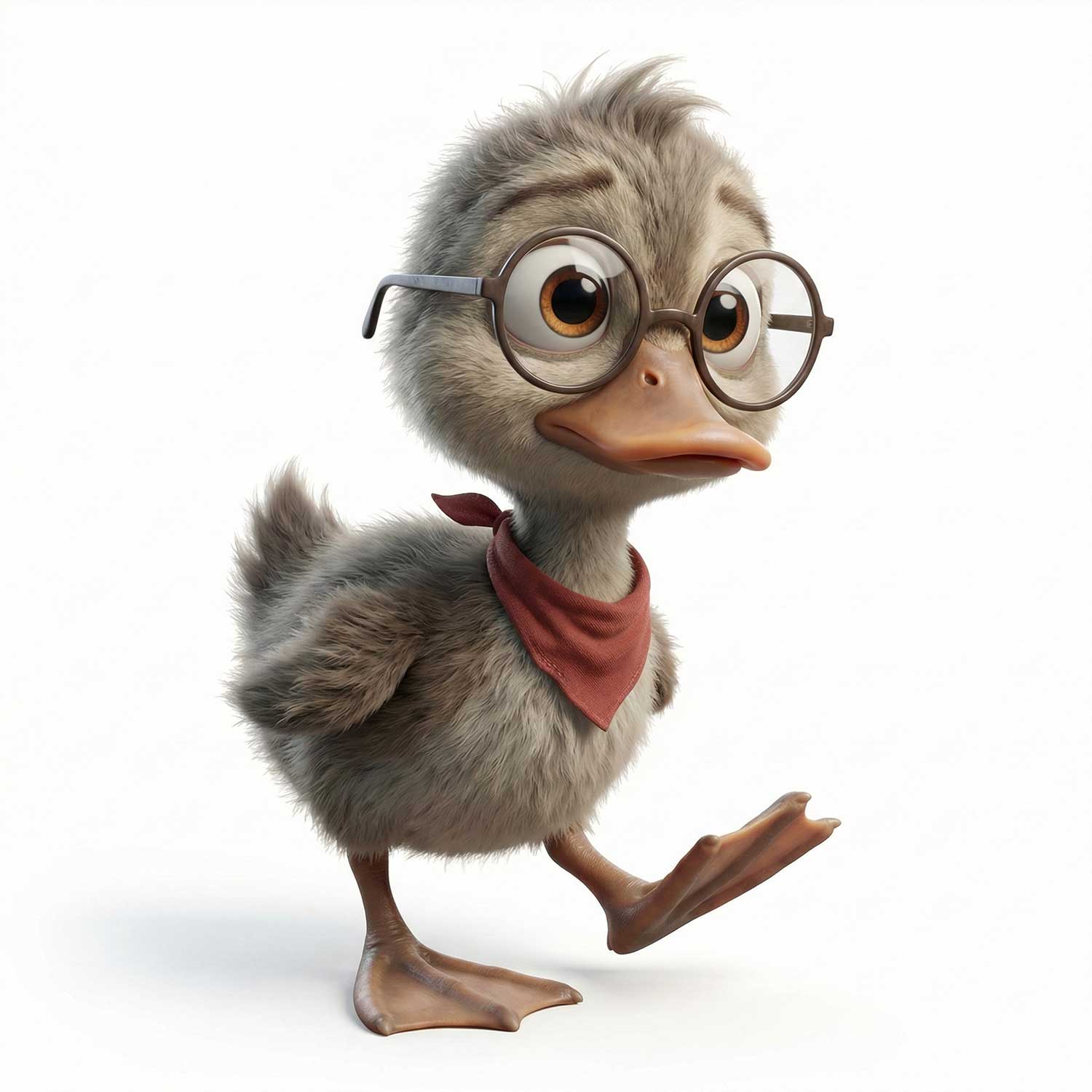 3D AI character design of a fluffy gray duckling wearing round glasses and a red bandana by Inspirious Design