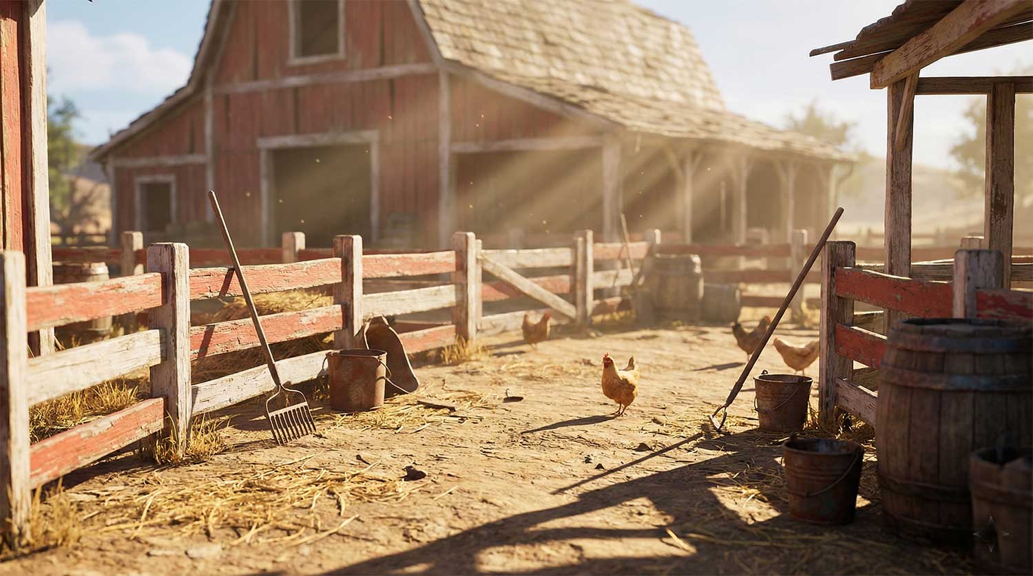 3D AI animated dusty red barnyard in the sunlight by Inspirious Design