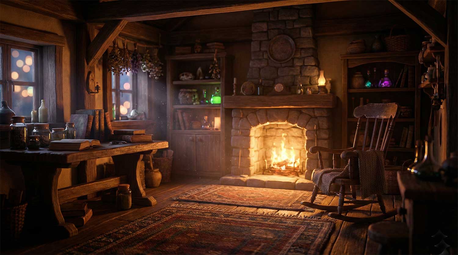 AI generated cozy rustic cabin interior with a glowing stone fireplace and rocking chair by Inspirious Design
