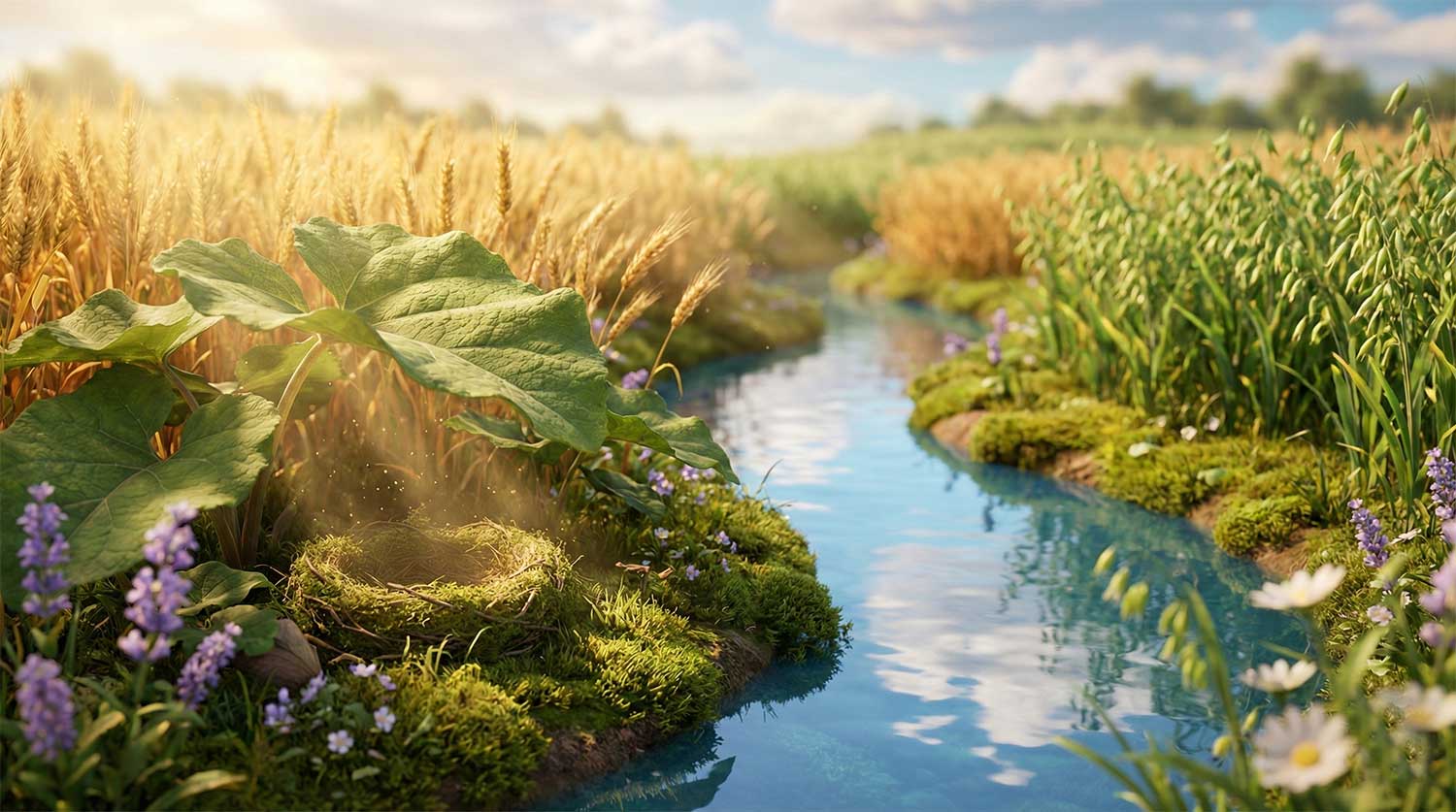 AI generated empty duck nest by a river in a golden summer wheat field by Inspirious Design