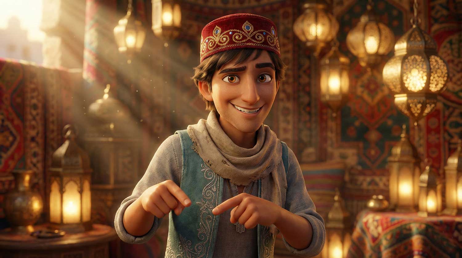 3D AI animated young boy in a red fez smiling in a warm room filled with glowing hanging lamps by Inspirious Design