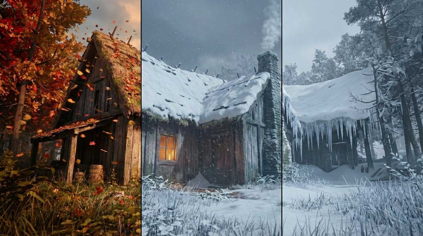 3D AI animated split screen showing a cottage in autumn, early winter, and deep freezing winter by Inspirious Design