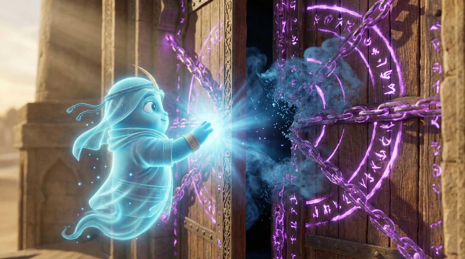 3D AI animated tiny glowing blue spirit breaking glowing purple chains on a heavy wooden door by Inspirious Design