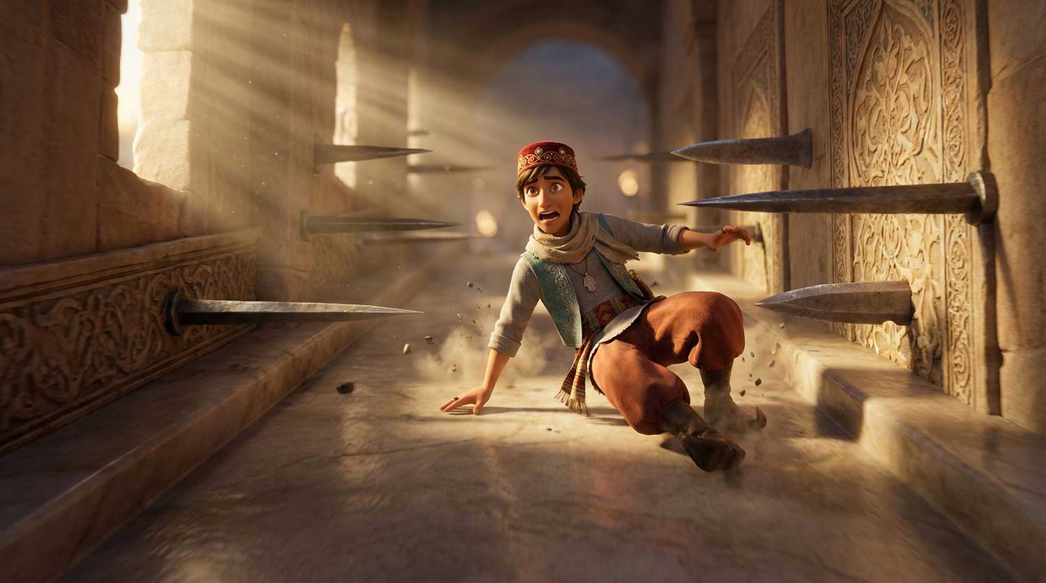 3D AI animated boy dodging giant metal spikes shooting from a stone wall in a sunlit corridor by Inspirious Design